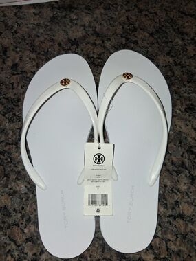 Tory Burch White Chelsea Flip Flops with Gold Logo Medallion